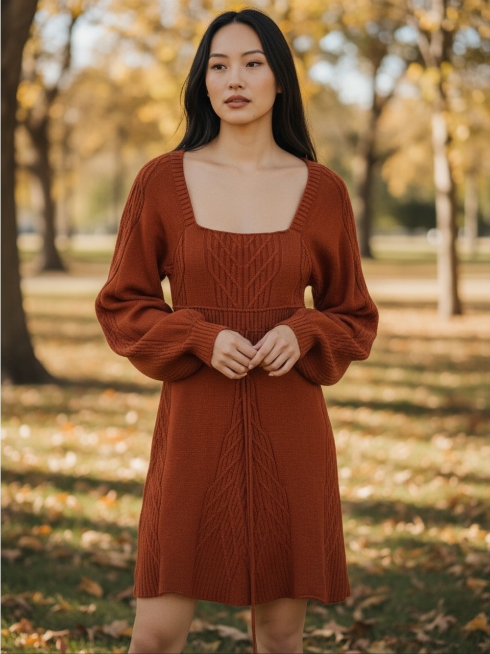 Free People Rust Cable-Knit Square-Neck Long Sleeve Dress